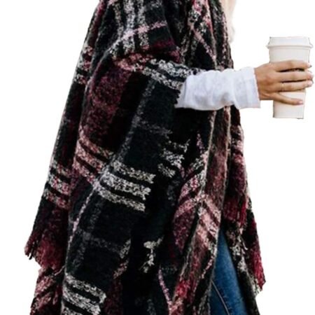 Bestshe Women's Boho Knit Poncho with Open Front Plaid Shawl Wrap Cape Tassel Cardigan Sweater...