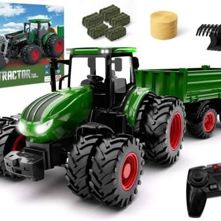 Remote Control Tractor Toy Set with Truck and Trailer - Front Loader, 8-Wheel RC Vehicle, Metal Build, Ages 3