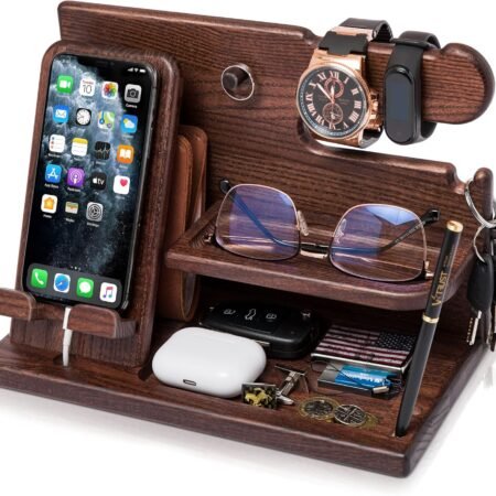 Wood Phone Docking Station for Men - Desk Organizer with Key Holder, Wallet & Watch Stand