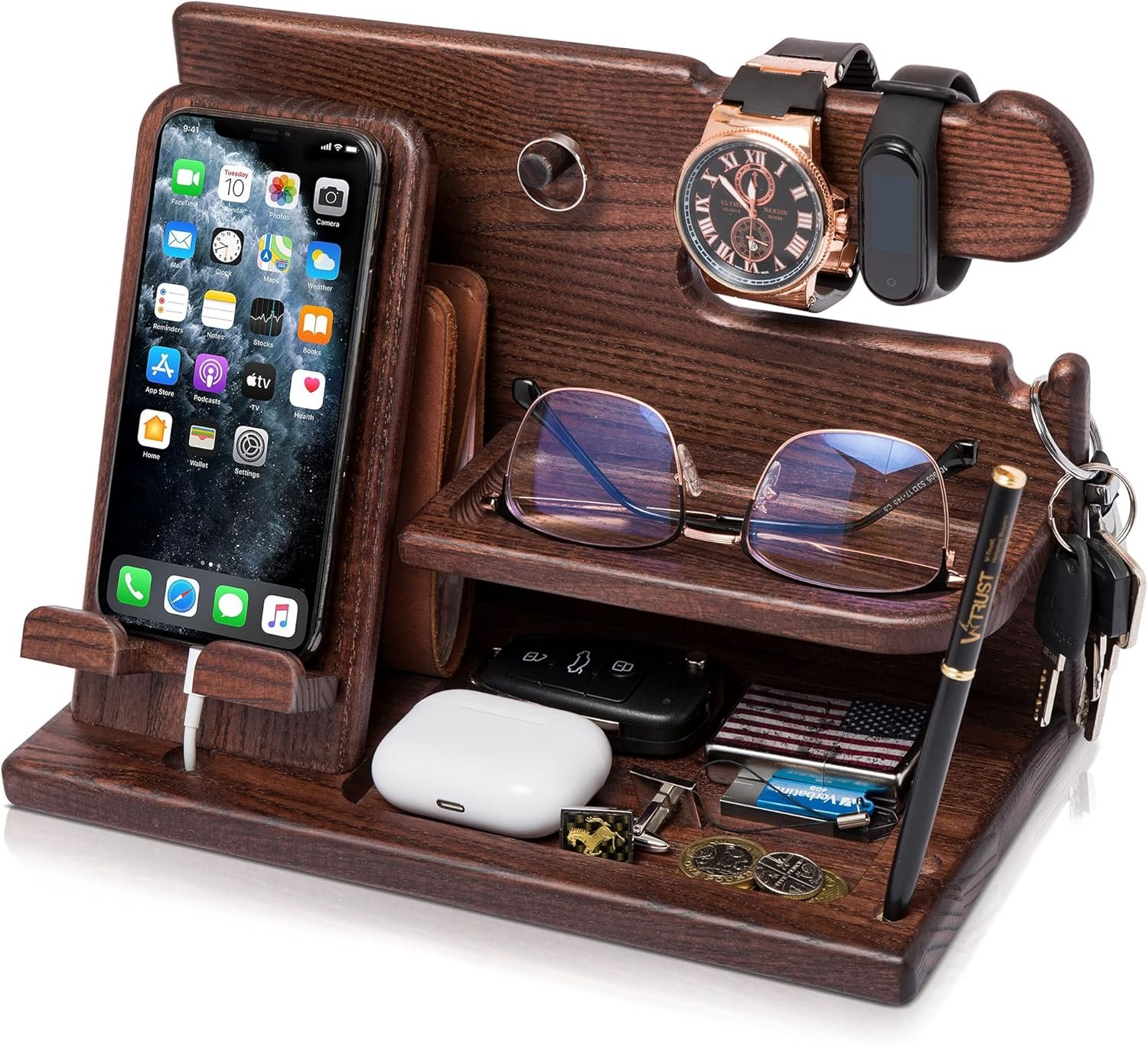 Wood Phone Docking Station for Men - Desk Organizer with Key Holder, Wallet & Watch Stand
