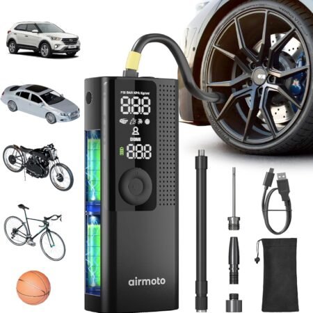 Airmoto Tire Inflator Portable Air Compressor with Digital Pressure Gauge, LED Light & Auto Shut...