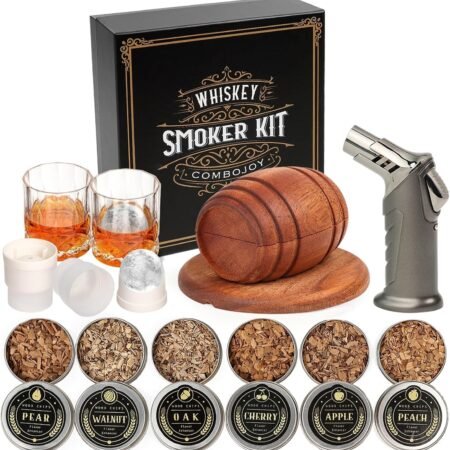 Whiskey Smoker Kit with Torch: 6 Wood Chip Flavors, 2 Glasses and 2 Ice Ball Molds for Craft...