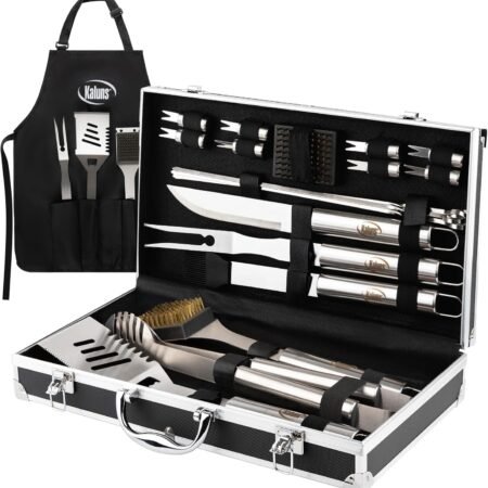 Stainless Steel Barbecue Grill Tools Set with Aluminum Case and Apron - Heavy
