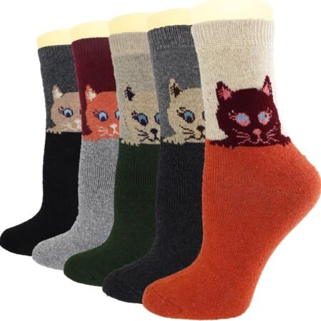 Women's Warm Wool Crew Socks Set - Cozy Owl & Cat Design, Soft Winter Socks for Women, Size 5