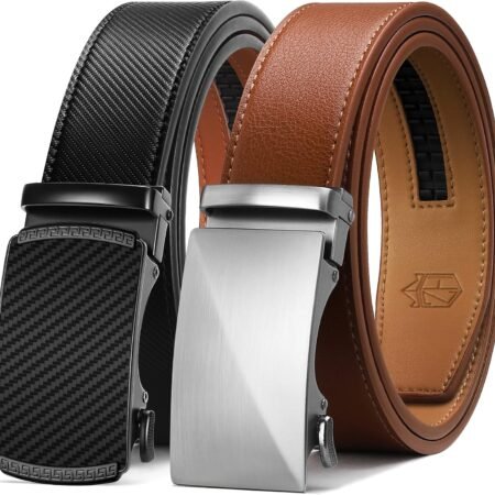Men's Ratchet Belt Set - 2 Pack Genuine Leather Adjustable Belts for Dress & Casual, Trim-to